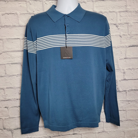 NWT DSTRCT&ROW Sweater Mens Size Medium Collared Blue Stripe - Picture 1 of 16